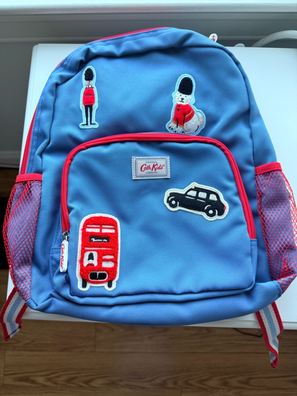 Blue Kids Backpack with Red Accents and London Patches